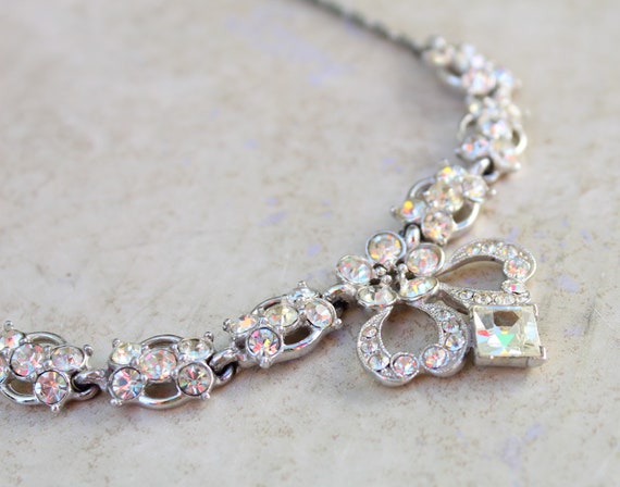Bogoff Clear Rhinestone Bib Necklace Square Focal… - image 1
