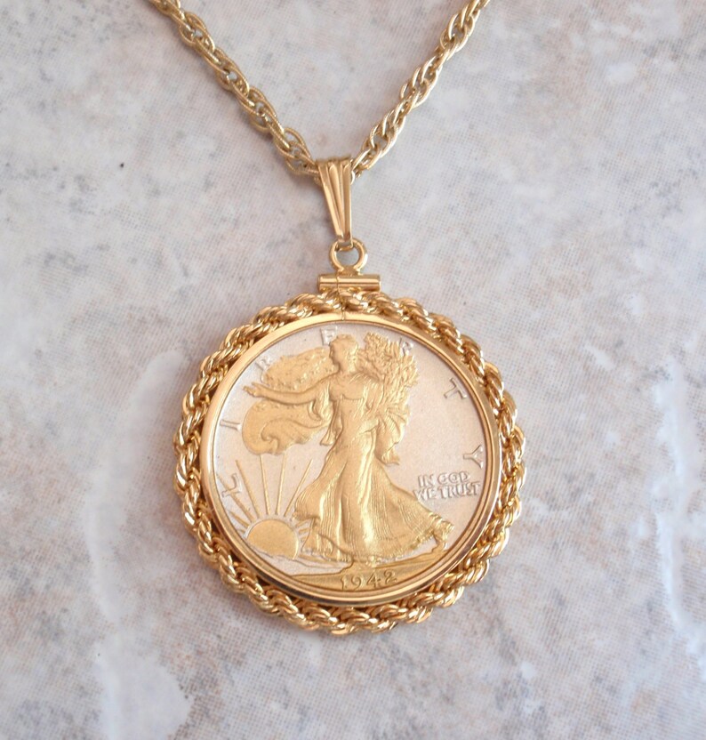 Walking Liberty Half Dollar Necklace 1942 Gold Plated Silver Etsy