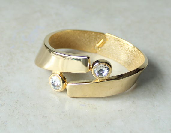 Offset Bangle Bracelet Hinged Gold Plated with La… - image 1