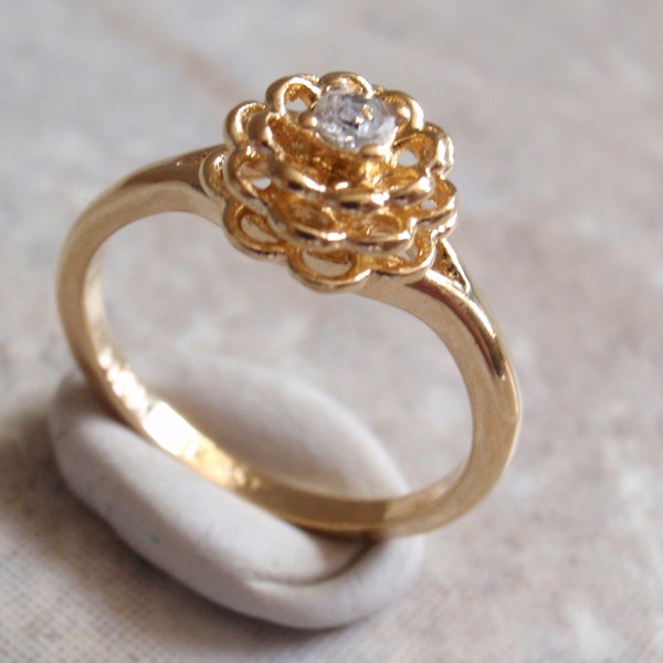 Fleur or bague strass Vargas 18K EGH taille 6 Vintage V0794