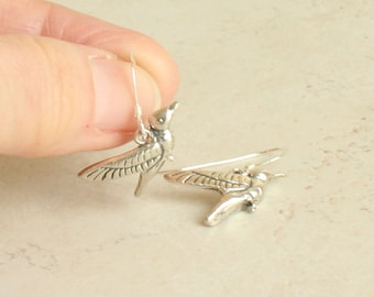 Hummingbird Earrings Hand Made 925 Sterling Silver Detailed Single Sided Vintage