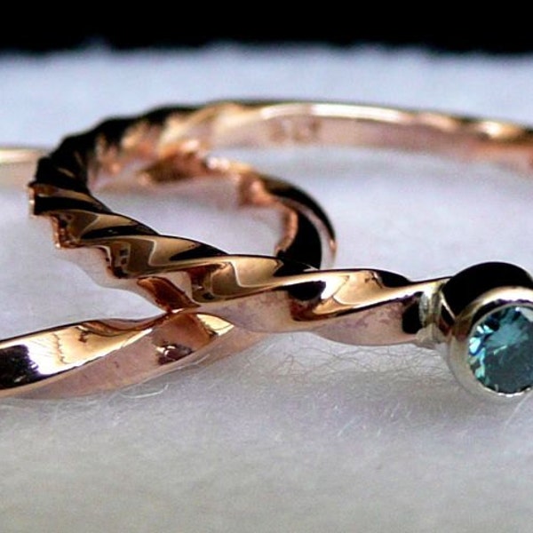 Twisted Rose Gold Wedding Set  Blue Diamond Valentines Day Stacker Promise Birthstone Rings