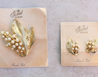 Garné Pearl Spray Leaf Brooch Earring Set - Gold Plated - Original Cards - Vintage
