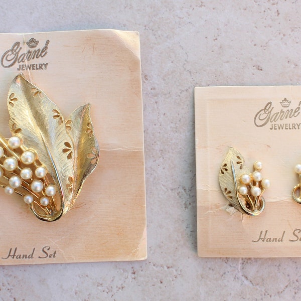 Garné Pearl Spray Leaf Brooch Earring Set - Gold Plated - Original Cards - Vintage