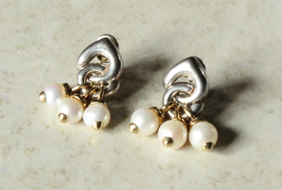 Pearl Dangle Earrings Two Tone Sterling Silver Cl… - image 1