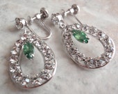 Sterling Silver Rhinestone Earrings Tsavorite Garnet Color Vintage Estate V0048