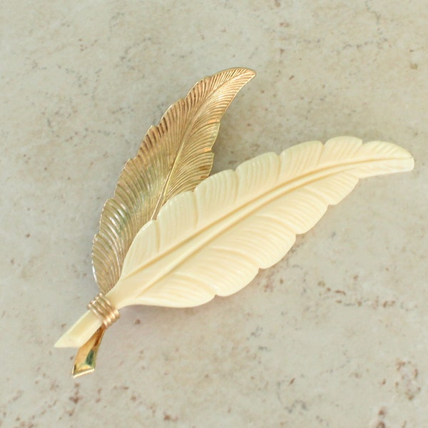 Double Leaf Brooch Bone Feather Gold Filled Winard Designer Signed 12KGF Autumn Vintage