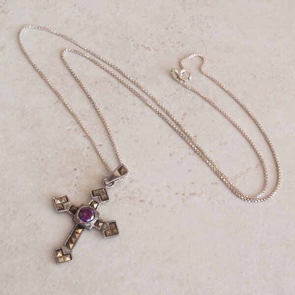 Amethyst Cross Necklace with Square Marcasites Marsala Vintage