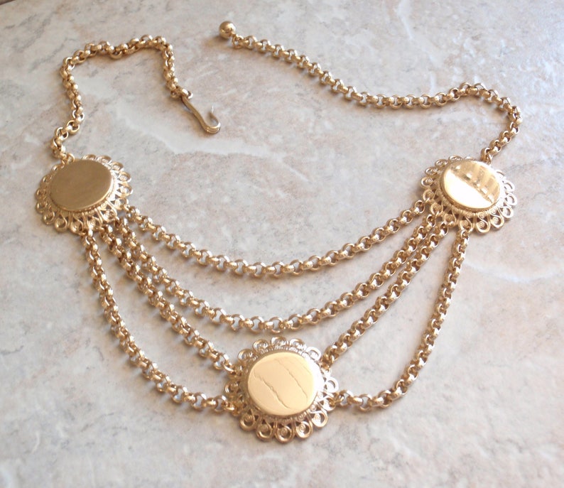Gold Festoon Swag Necklace Victorian Style Chain Medallion Etsy