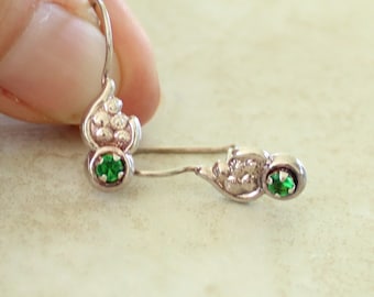 Emerald Rhinestone Earrings Sterling Silver Floral Kidney Wires Vintage