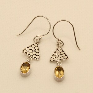 Bali Dot Dangle Earrings , Yellow Oval Citrine Gemstone , Sterling Silver Triangle , Pierced Wires Vintage