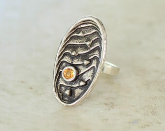 Golden Yellow Sapphire Ring Sterling Silver Cuttlebone Cast Oval Oxidized Dots Size 7 1/2 Artisan Made by Us