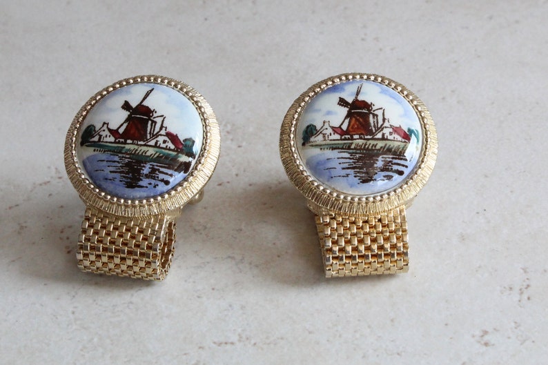 Delft Cufflinks Colored Handpainted Ceramic Gold Tone Mesh Wrap Swank Vintage