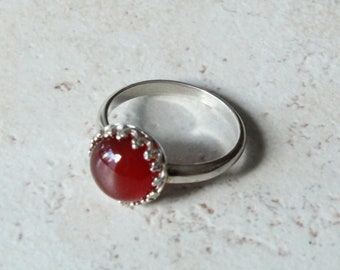 Red Carnelian Ring Sterling Silver Dogtooth Setting Size 8 Vintage