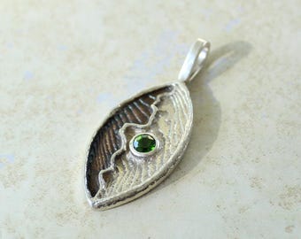 Chrome Diopside Pendant Cuttlebone Cast Sterling Silver Marquise Shape Hand Made