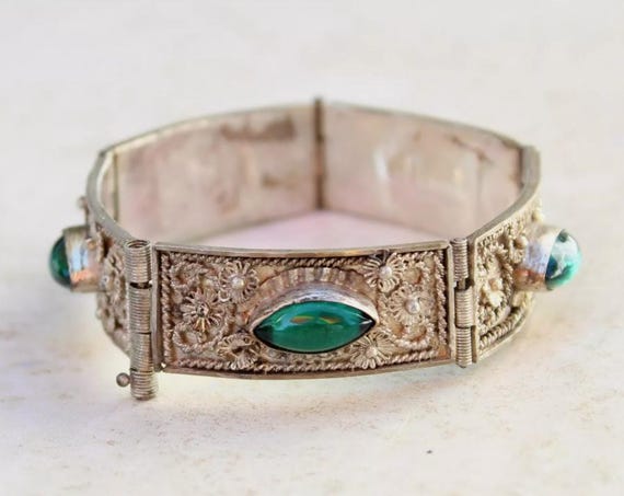 Middle Eastern Panel Bracelet Green Marquise Glas… - image 2