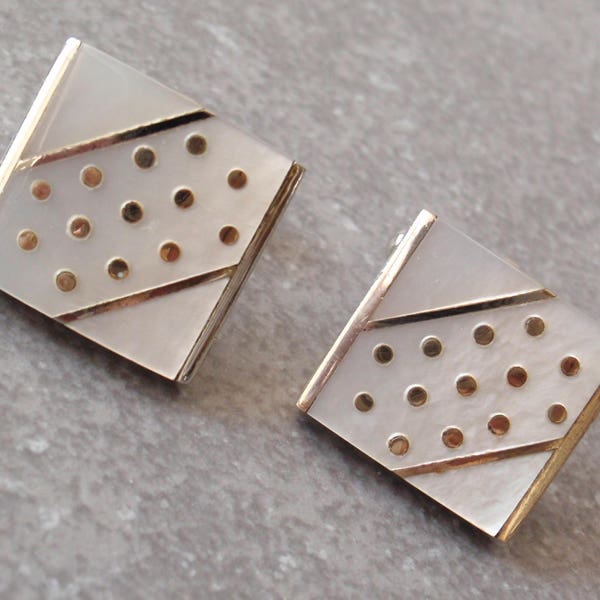 Mother of Pearl Cufflinks - Fancy Square Gold Dot and Line Accents - Made in Austria Wedding Vintage