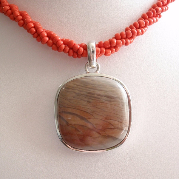 Picture Jasper Necklace Sterling Silver Landscape Rolling Hills Red Brown Large Square Vintage