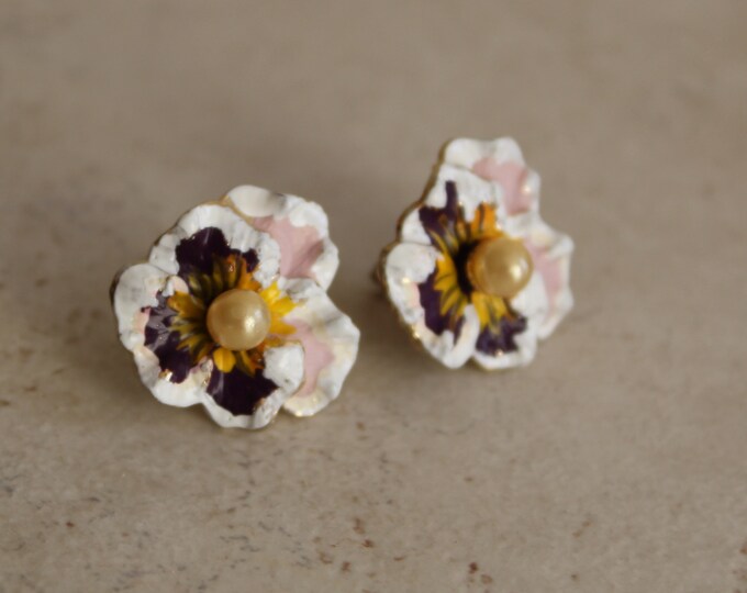 Victorian Pansy Earrings Enamel With Pearl Centers Threaded Posts With ...