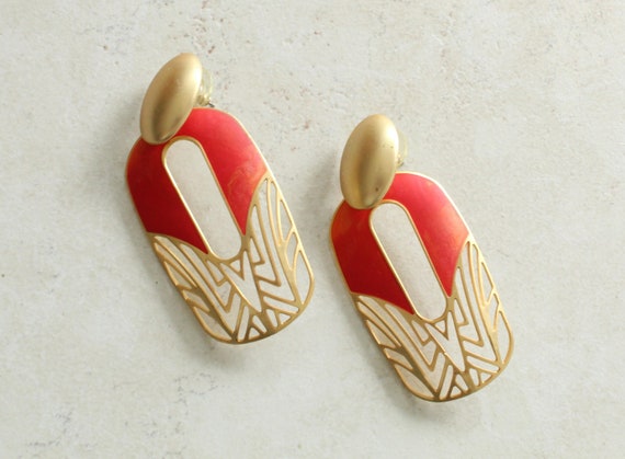 Berebi Brushed Gold Earrings Cutout Red Enamel Pi… - image 1