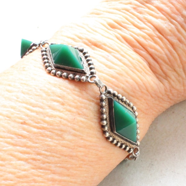 Green Agate Pyramid Bracelet Diamond Shaped Links Sterling Silver 8 Inch Guadalajara Mexico Vintage