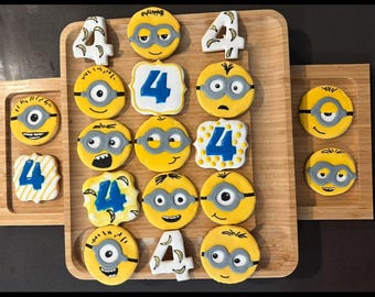 Minion themed cookies,  Decorated cookies, Minion cookies, Party favors, Customized cookies