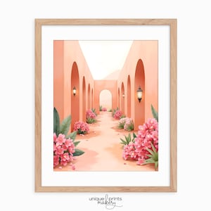 Dreamy Architecture Printable - Pink Floral Courtyard, Mediterranean Style Painting, Rustic Wall Art, Magical Summer Decor, Digital Print 64