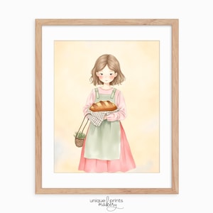Printable Farmhouse Kitchen Art - Cottagecore Girl with Bread, Rustic Bakery Wall Decor, Charming Vintage Style, Country Home Print 325