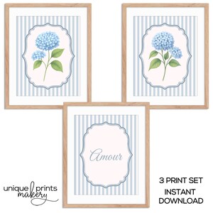 Striped Cottagecore Blue Hydrangea Printable Set of 3 - Watercolor Floral Wall Art, Girly Dorm Decor, Coastal Granddaughter Print 621