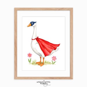 Lustige Gans als Superheld verkleidet - Druckbare Kunst für Kinderzimmer, lustige Tier Illustration, spielerische Gans Druck 355
