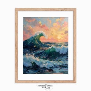 Ocean Waves Sunset Painting - Rustic Seascape Art Print, Printable Coastal Decor, Vibrant Sunset Wall Art, Digital Ocean Scene Download 589