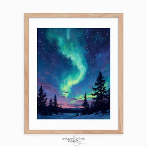 Northern Lights Winter Landscape - Rustic Night Sky, Aurora Borealis Wall Art, Printable Winter Decor, Celestial Scene, Digital Art 242