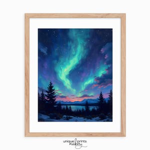 Northern Lights Winter Landscape - Printable Aurora Borealis Art, Night Sky Painting, Rustic Winter Forest Wall Decor, Digital Print 245