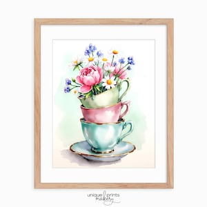 Vintage Floral Teacups Print - Printable Cottagecore Wall Art, Rustic Tea Party Decor, Watercolor Flowers, Shabby Chic Kitchen Art 167