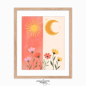 Earthy Sun and Moon with Wildflowers - Boho Printable Wall Art, Rustic Celestial Decor, Vibrant Floral Scene, Digital Download 223