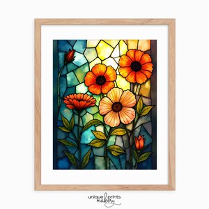 Vibrant Stained Glass Floral Wall Art - Colorful Nature Scene Printable, Bright Flowers Decor, Cottagecore Spring Decor, Digital Print 103