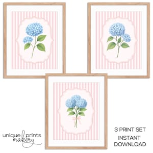 Pink Hydrangea Bouquet Print Set of 3 - Vintage Striped Watercolor Art, Cottagecore Floral Decor, Girly Wall Art, Printable Wall Art 628