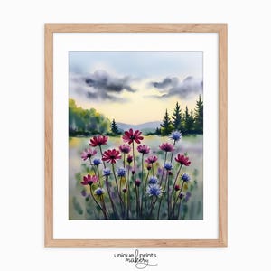 Wildblumen Wiese Landschaft - Druckbare Sommer Wandkunst, rustikale Landschaftsszene, Cottagecore Naturdruck 183