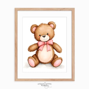Printable Teddy Bear Nursery Art - Cute Brown Bear with Pink Bow, Childrens Room Decor, Baby Shower Gift, Cottagecore Kids Printable 401