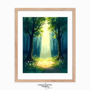 Imprimible de luz de bosque encantado: arte de senderos boscosos con un ambiente melancólico, decoración rústica de naturaleza mística, arte mural cottagecore, paisaje digital 109