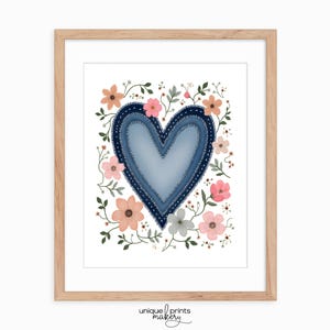 Printable Denim Heart with Floral Frame - Rustic Wall Art, Vintage Cottagecore Decor, Blue Heart and Flower Printable Art, Digital Print 37
