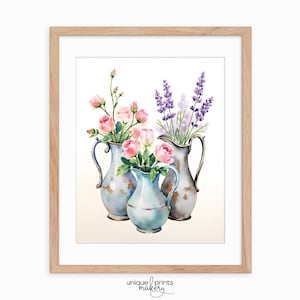 Vintage Floral Arrangement in Rustic Vases - Printable Cottagecore Wall Art, Spring Flower Painting, Pastel Kitchen Decor, Shabby Chic 165