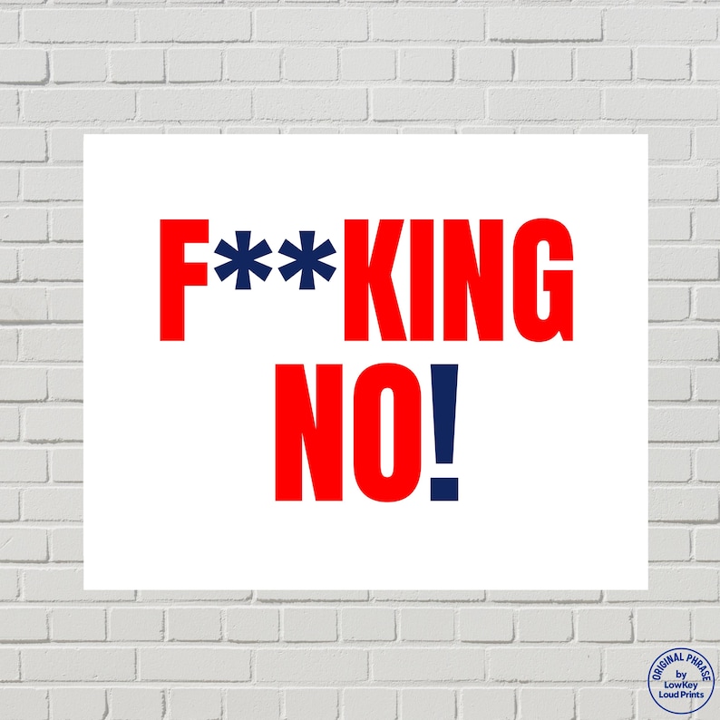 May include: White rectangular print with the words "F**KING NO!" in bold red and blue letters. The print is displayed against a white brick wall. The text is a strong statement.