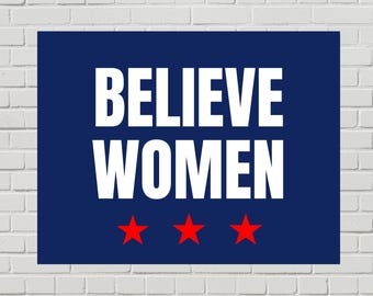 BELIEVE WOMEN-protestposter – bord internationale vrouwendag, anti-Epstein (afdrukbare pdf, 2 formaten)