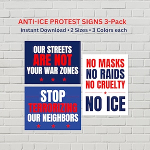 Conjunto de 3 cartazes de protesto contra o ICE, pôsteres pelos direitos dos imigrantes, parem as batidas do ICE (PDFs para impressão, 2 tamanhos)