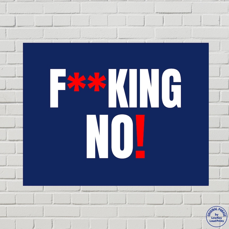 May include: A navy blue rectangular print with the words "F**KING NO!" in white and red. The text is centered on the print, with the word "F**KING" on top and "NO!" below. The print is against a white brick wall.