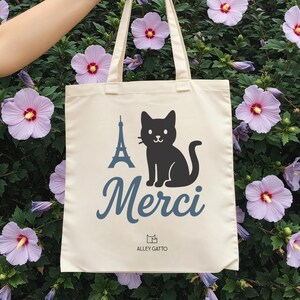 Cat Paris Tote Bag Design French Black Cat Lover Gift Market Bag Shopping Essential Travel Accessory Retro Look Eiffel Tower Paris Merci