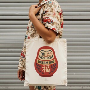 Torba płócienna DARUMA do codziennego użytku Torba na zakupy Powodzenia Marzenie się spełnia Pomysł na prezent w stylu japońskim Kanji Design Spełnij życzenie