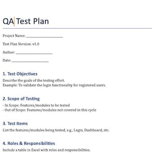 Könnte beinhalten: Ein weißes Dokument mit dem Titel "QA Test Plan" mit Abschnitten für Projektdetails, Testziele, Umfang, Elemente und Rollen. Das Dokument enthält Beispieltext und dient der Softwaretestdokumentation.