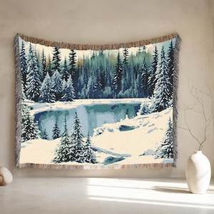 Pine Forest Woven Cotton Blanket: Winter Lake Cabin Decor